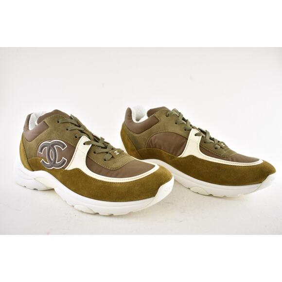 Chanel 20C Mens Brown Green White CC Logo Low Top Runner Trainer Sneaker 44 11 - Picture 4 of 12